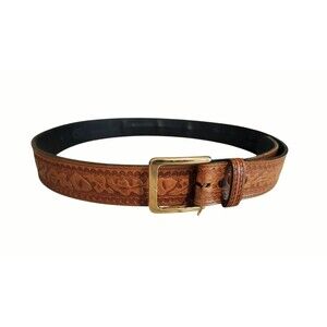 Men's Brown Embossed Acorn Leaf Leather Belt 1.5" Wide 42" Hidden Money Belt